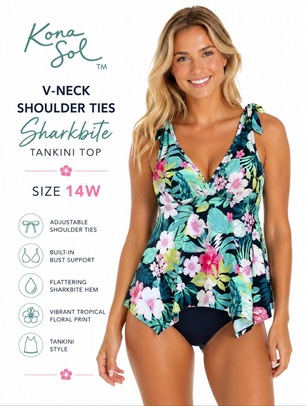 Kona Sol V-Neck Shoulder Ties Sharkbite Tankini Top Size 14W
